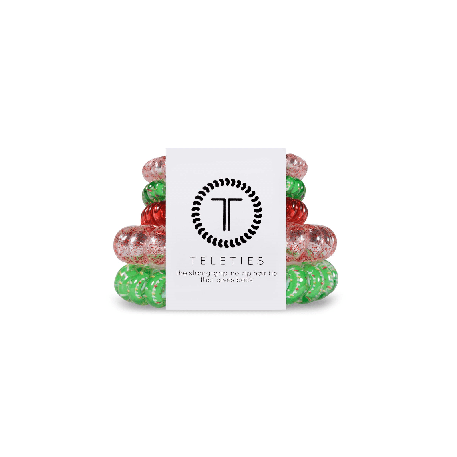 Teleties hair ties multipack with festive red and green styles for strong grip and minimal hair damage