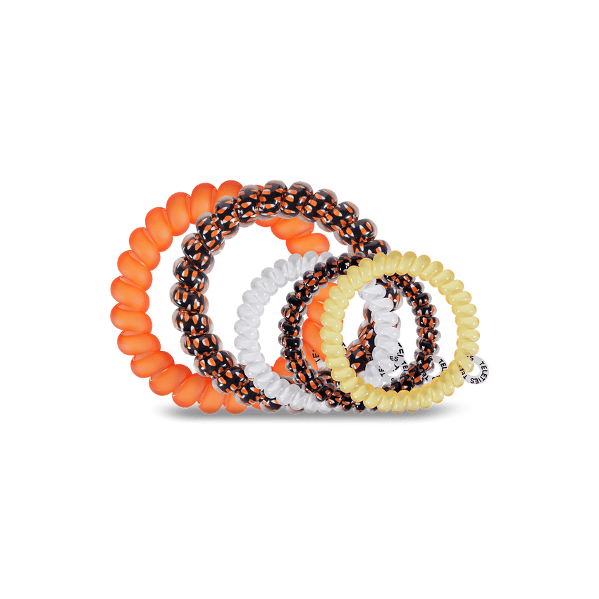 Teleties hair ties multipack in vibrant colors including orange, black, yellow, and clear for all hair types