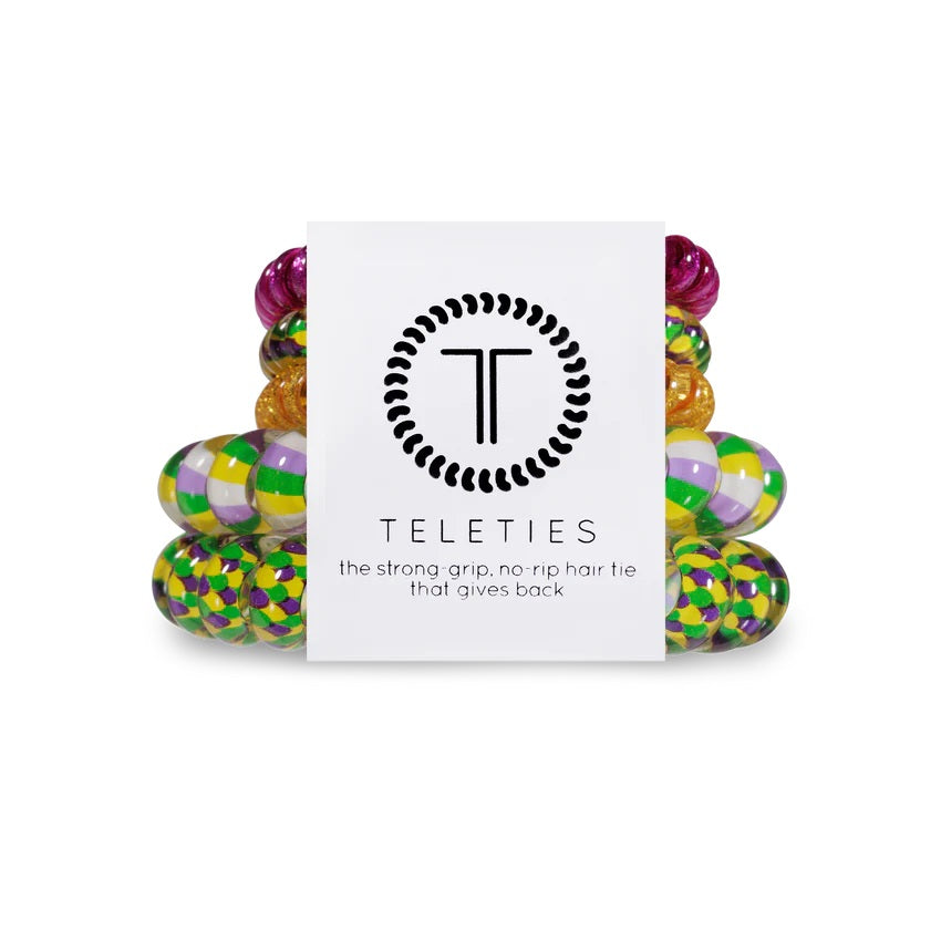 Teleties hair ties multipack with colorful spiral designs for strong grip and no-rip hair support