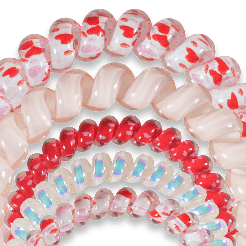 Teleties hair ties multipack featuring colorful and textured spiral designs for secure hairstyles