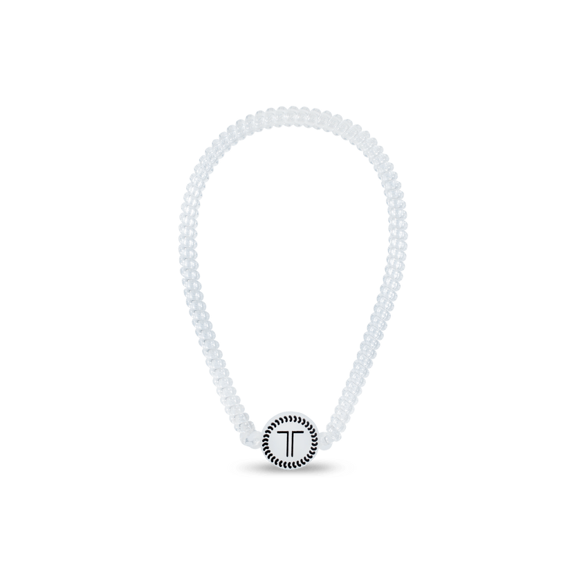 Teleties headband in clear with a decorative logo for stylish hair management