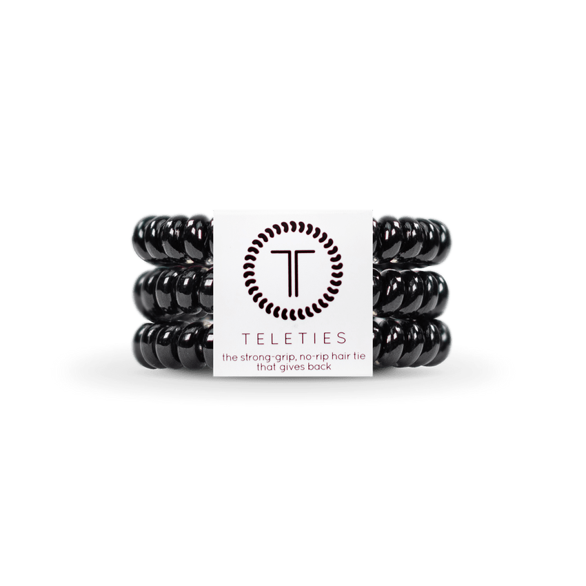 Teleties small hair ties in black, offering strong grip and no-rip functionality for stylish hair accessories
