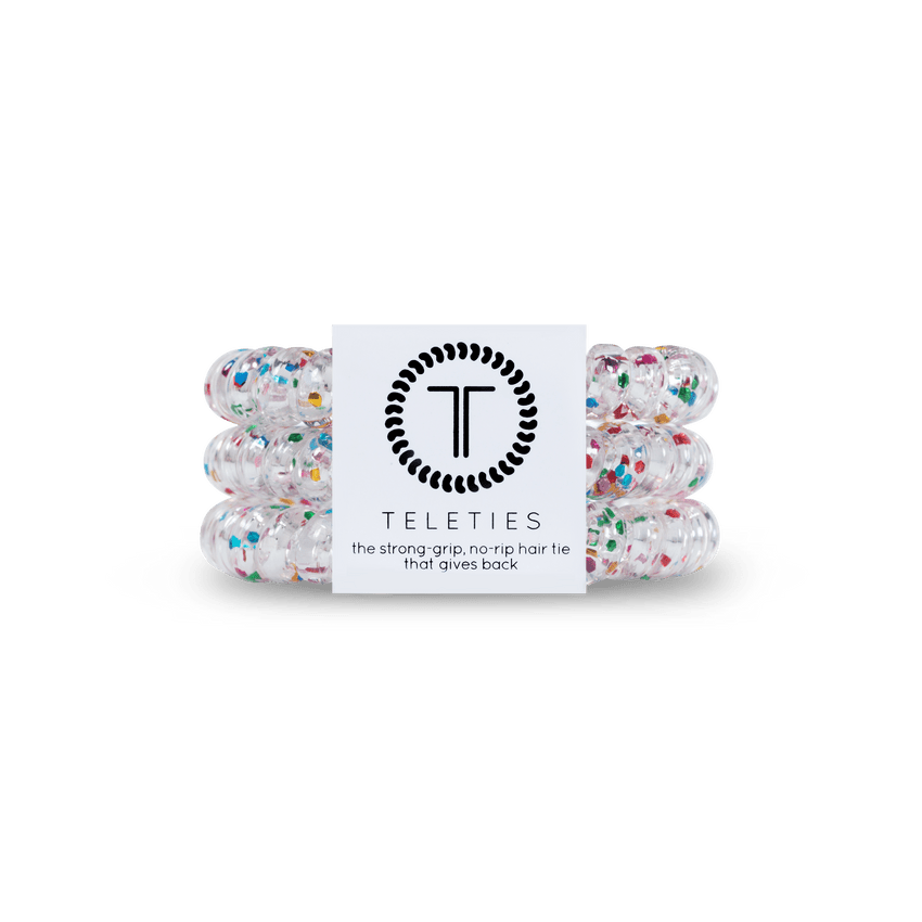 Teleties small hair ties in clear with colorful confetti pieces for a fun, strong grip
