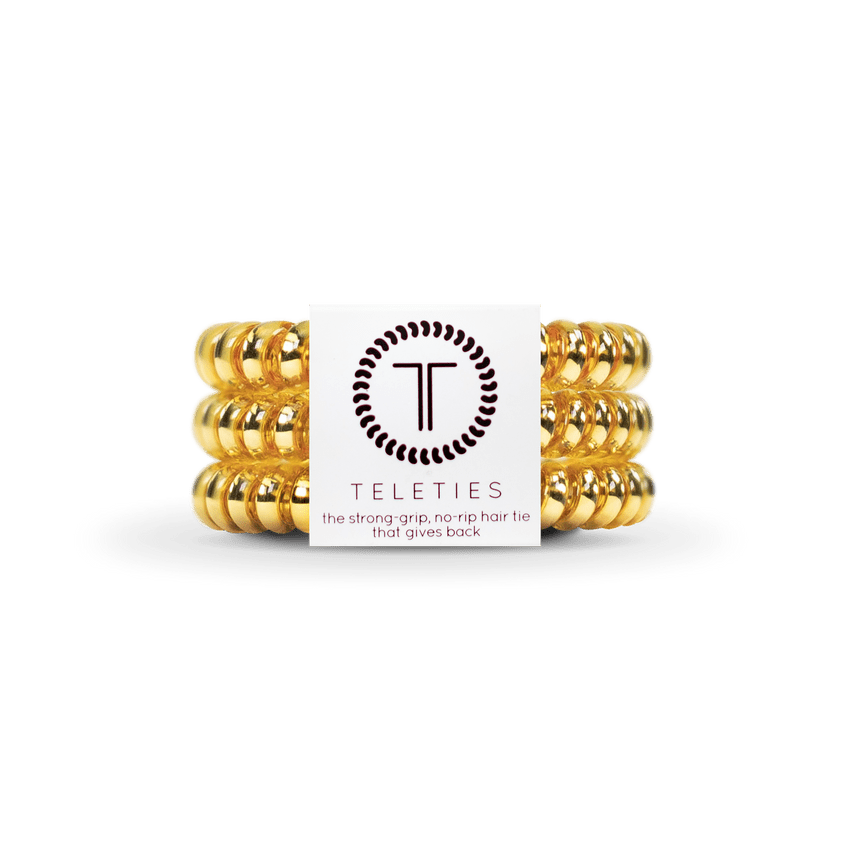 Teleties small hair ties in gold color offering strong grip and no-rip design for secure styling