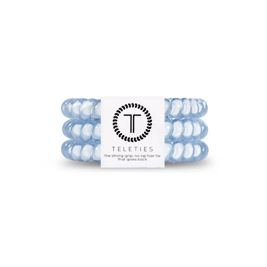 Teleties small hair ties in pastel blue, providing strong grip and no-rip support for all hair types