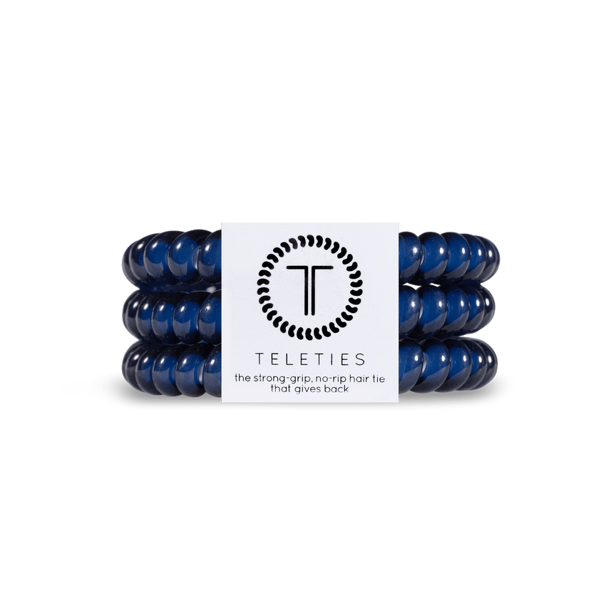 Teleties small hair ties in navy color, designed for a strong grip and no-rip convenience