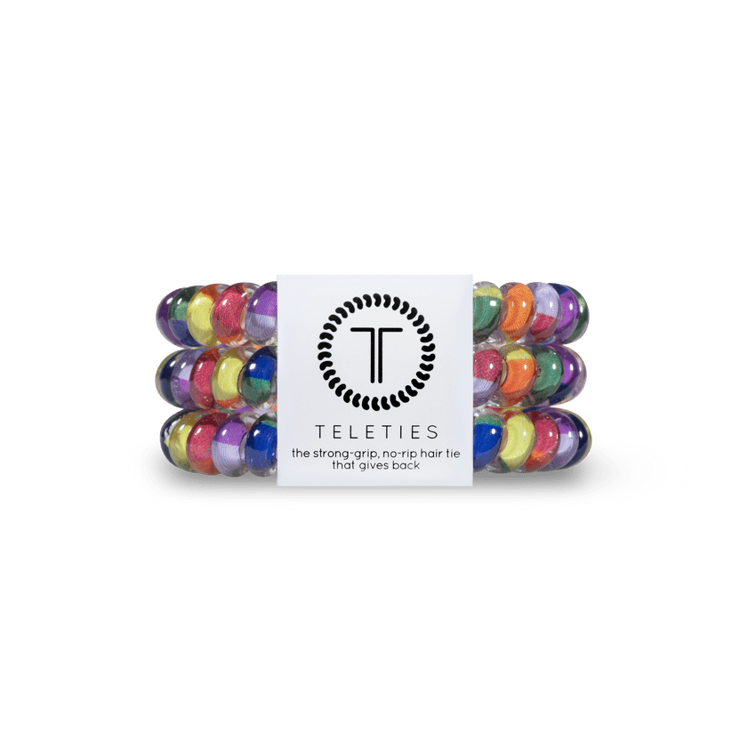 Teleties small hair ties in colorful patterns for a strong grip and no-rip functionality