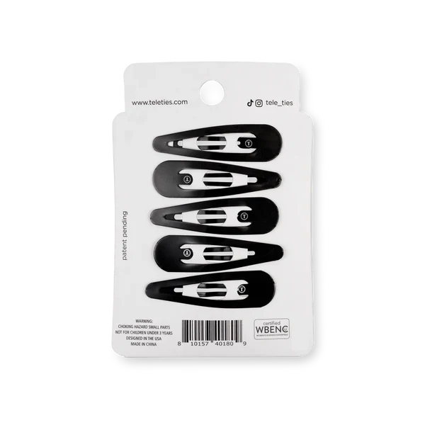 Teleties snap hair clips in black packaging with five stylish clips for secure hair styling