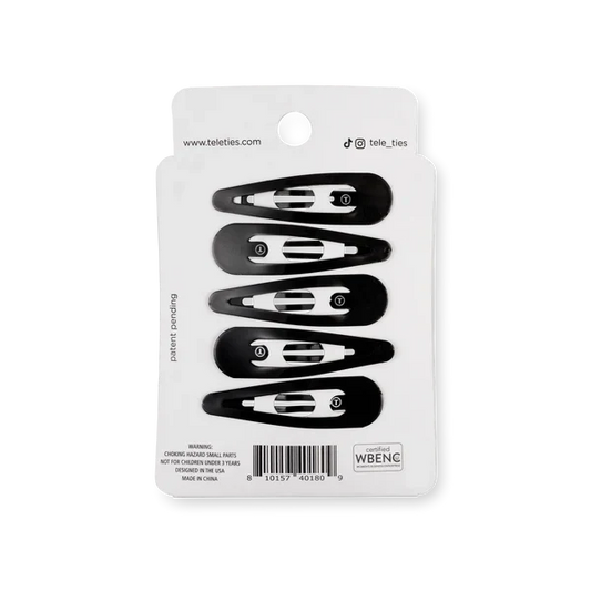 Teleties snap hair clips in black packaging with five stylish clips for secure hair styling