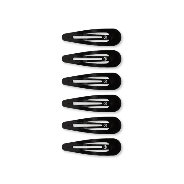 Set of six black Teleties snap hair clips for secure and stylish hair styling