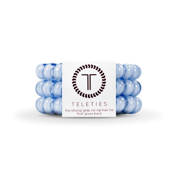 Teleties strong grip hair ties in light blue, designed for a secure hold without damage