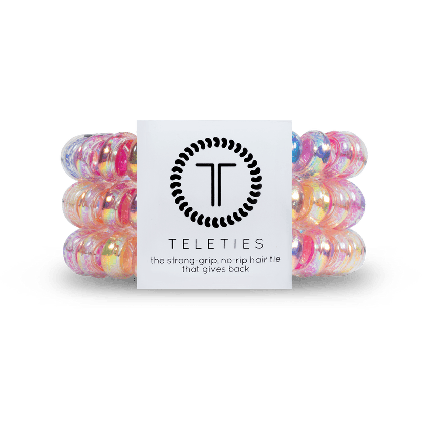 Teleties strong grip hair ties in colorful design, ideal for secure and comfortable hairstyles