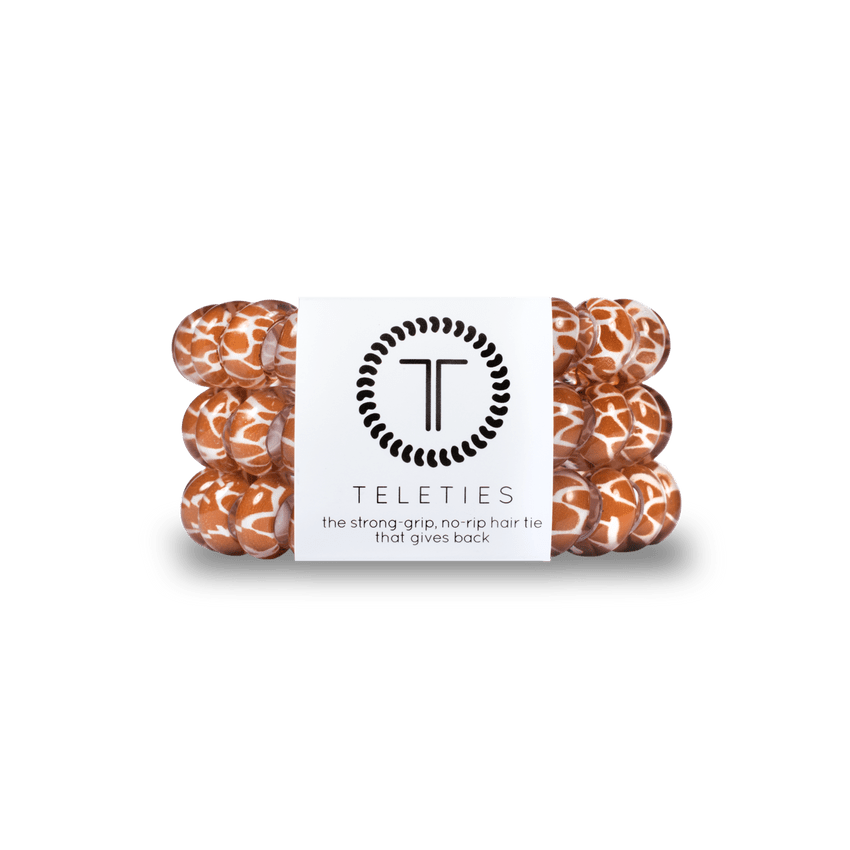 Teleties strong grip hair ties in a sleek animal print design offering a no-rip hold for all hair types