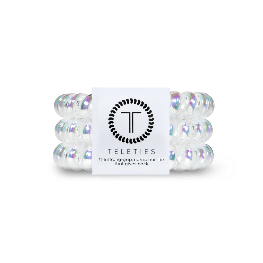Teleties strong grip hair ties in clear with a no-rip design for all-day hold and comfort