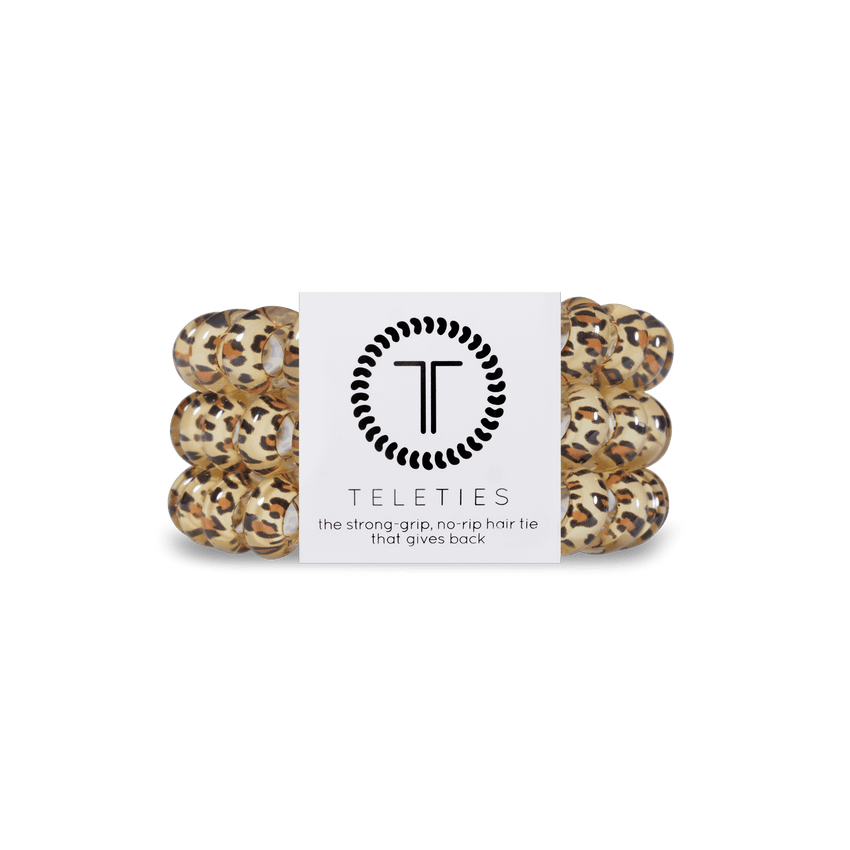 Teleties strong grip hair ties in leopard print design for secure and stylish hair styling