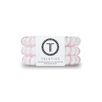 Teleties strong grip hair ties in pink, designed to hold hair securely without damage