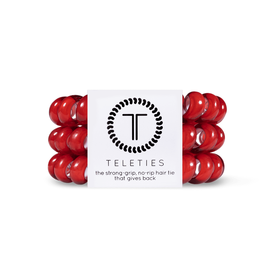 Teleties strong grip hair ties in red color, featuring a no-rip design for secure and comfortable hold