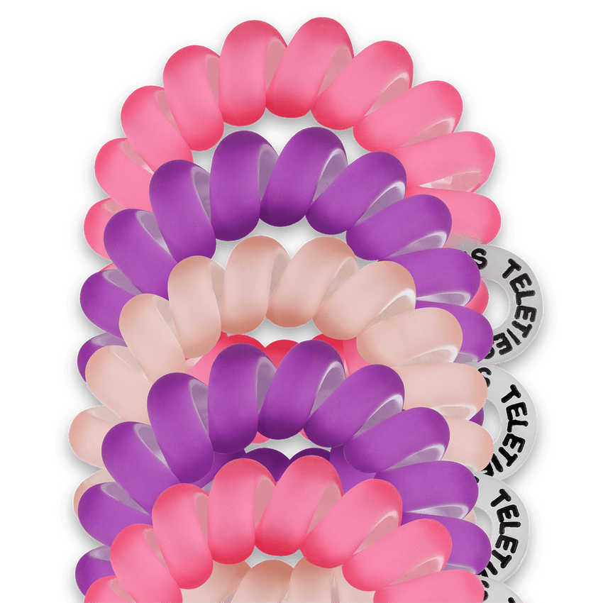 Teleties tiny hair ties in pink and purple colors, perfect for secure and stylish hair styling