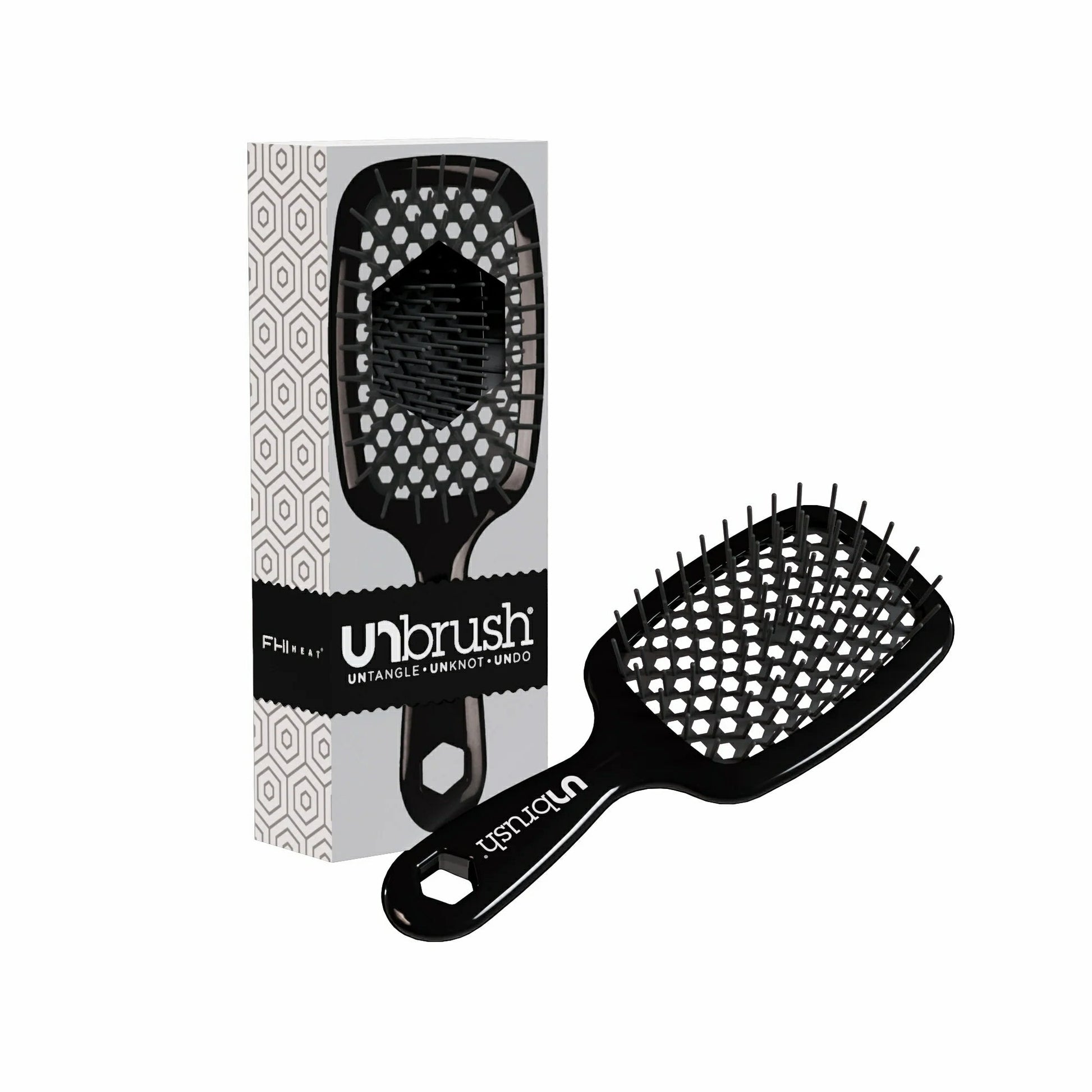 Unbrush detangling hair brush in sleek black design with packaging for easy untangling
