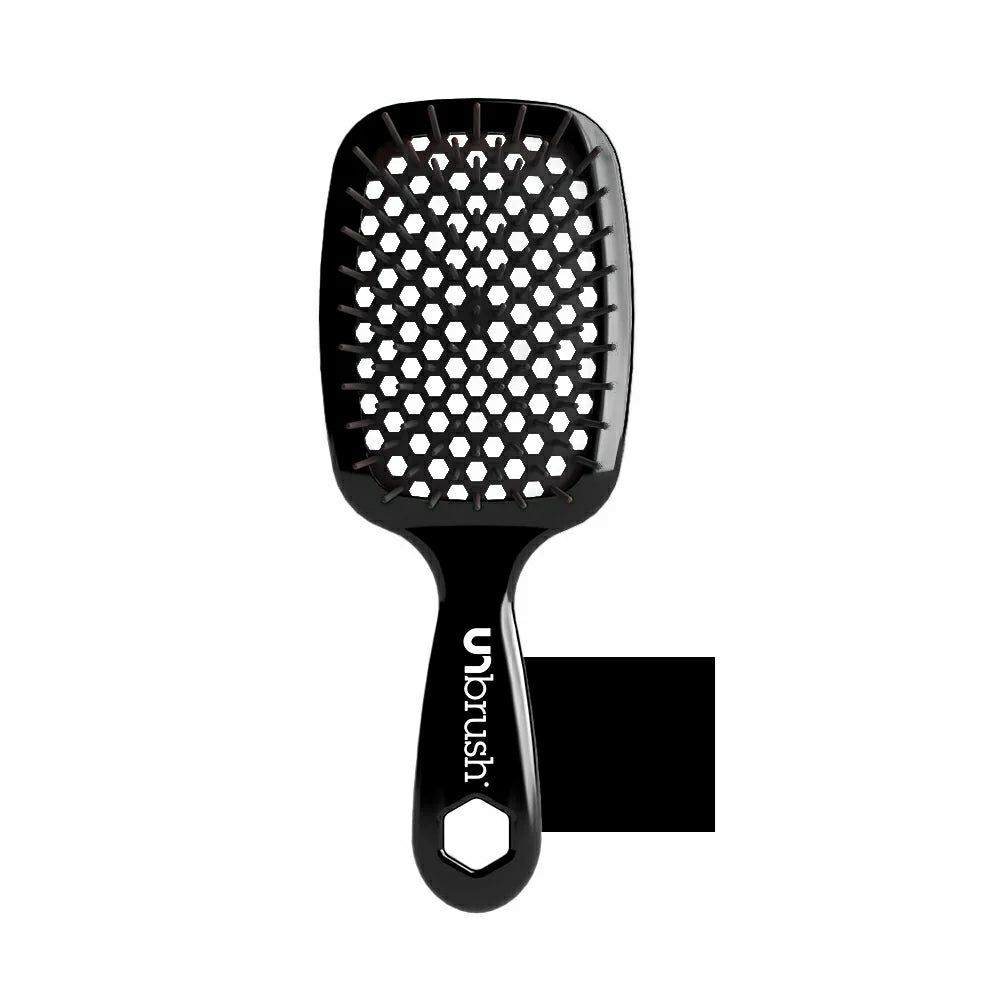 Unbrush detangling hair brush with a sleek black design and unique vented bristle pattern for easy hair detangling