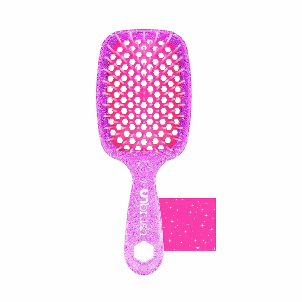 Unbrush detangling hair brush in pink glitter design for easy hair grooming and styling