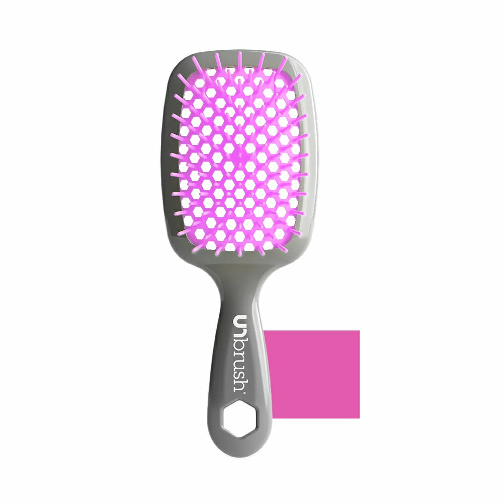 Unbrush detangling hair brush in gray and pink designed for gentle hair detangling