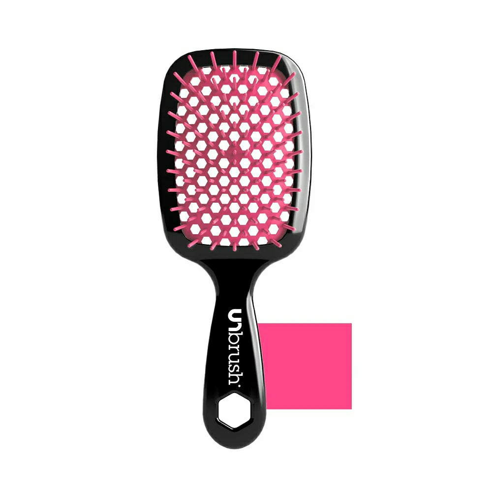 Unbrush detangling hair brush in black and pink, designed for easy and gentle detangling.