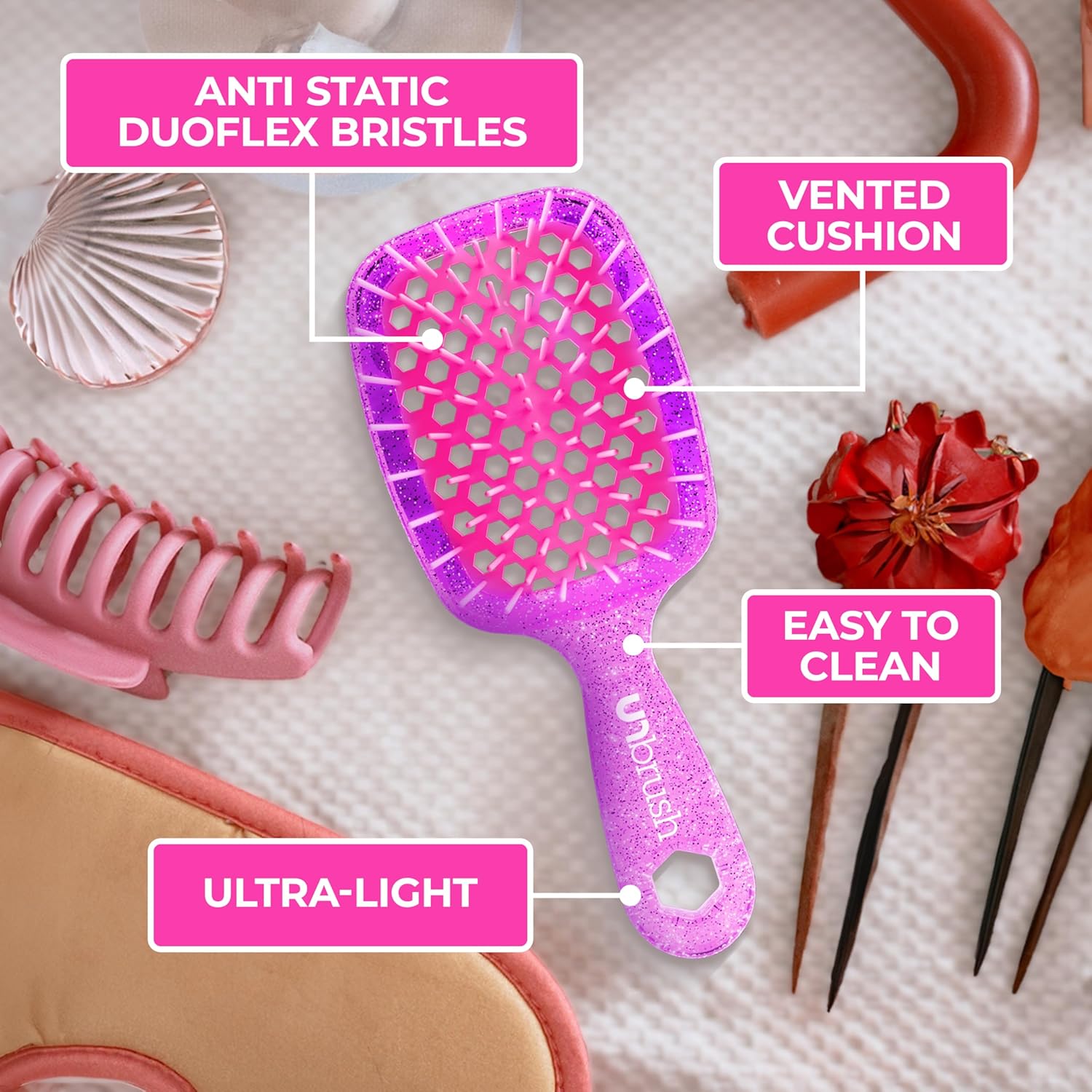 Unbrush Mini Detangling Hair Brush with Anti-Static DuoFlex Bristles and Vented Cushion for Easy Cleaning