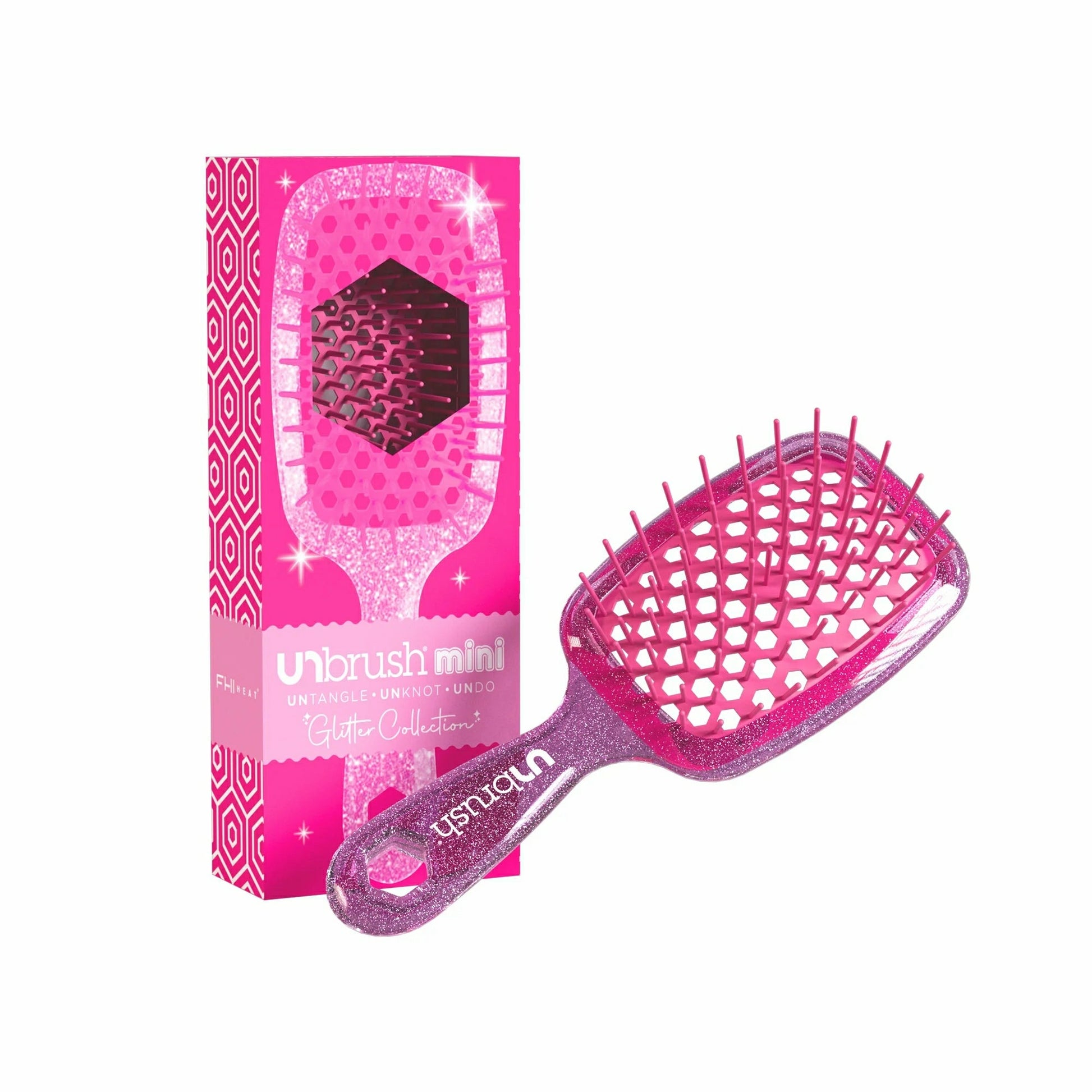 Unbrush mini detangling hair brush in pink with sparkling design and unique hexagonal shape