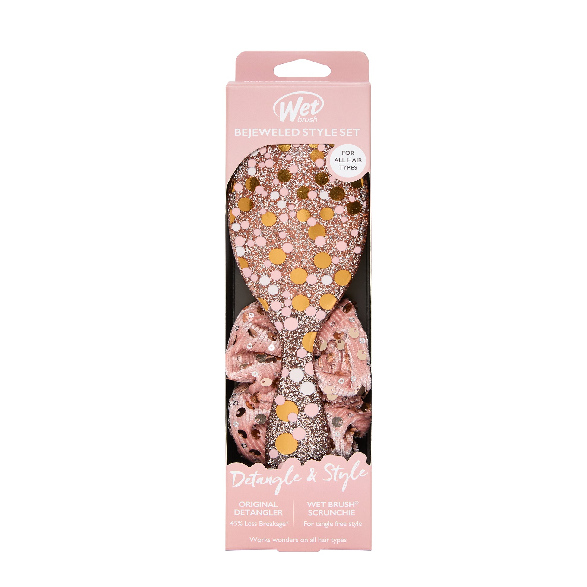 Wet Brush Bejeweled Style Kit includes an original detangler and stylish scrunchies for all hair types