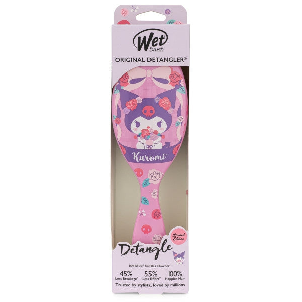 Hello Kitty detangler brush featuring a pink design with Kuromi character and floral patterns for effortless hair styling