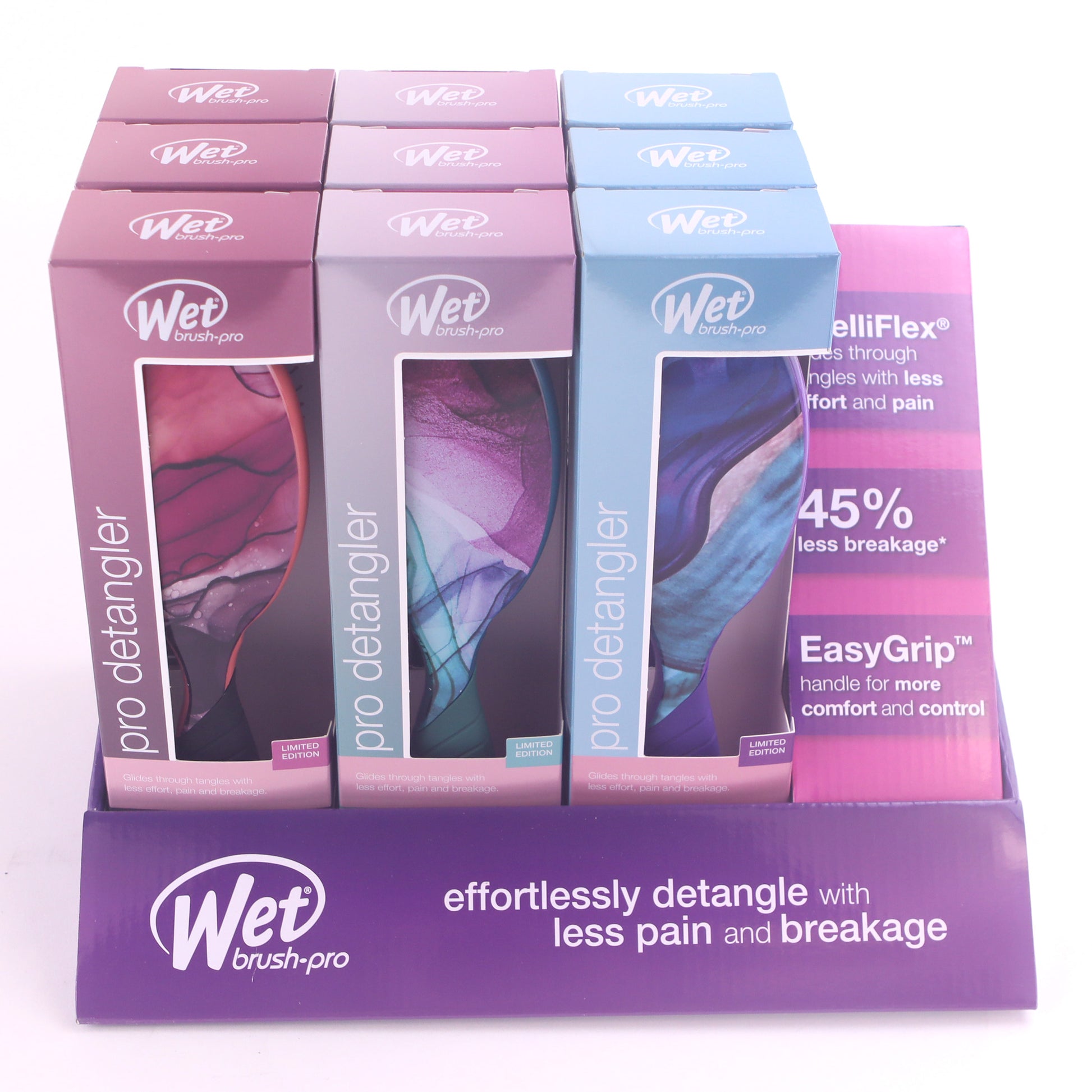 Display of Wet Brush Pro Detangler hairbrushes in various colors for easy detangling and less breakage