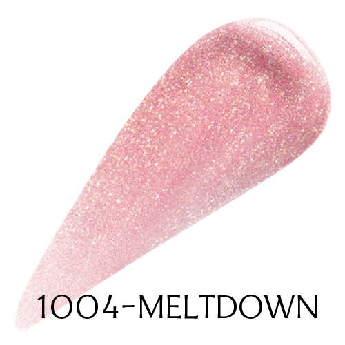 A teardrop-shaped swatch of shimmery pink nail polish with fine glitter, echoing the radiant shine of Sorme LipThick Plumping Gloss, displayed on a white background.