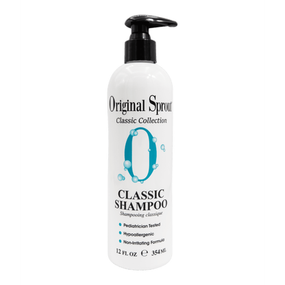 A white bottle of Original Sprout Classic Shampoo with a black pump features a label showing a large blue “O” with bubbles and highlights like “sulfate-free shampoo,” “Pediatrician Tested,” “Hypoallergenic,” and “Non-irritating Formula.”.