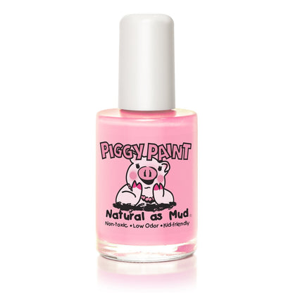 A 0.5 oz. bottle of Piggy Paint Non-Toxic Nail Polish—gentle, hypoallergenic, and safe for kids’ nails—features a cartoon pig and the “Natural as Mud” text. (Click to see Available Colors).