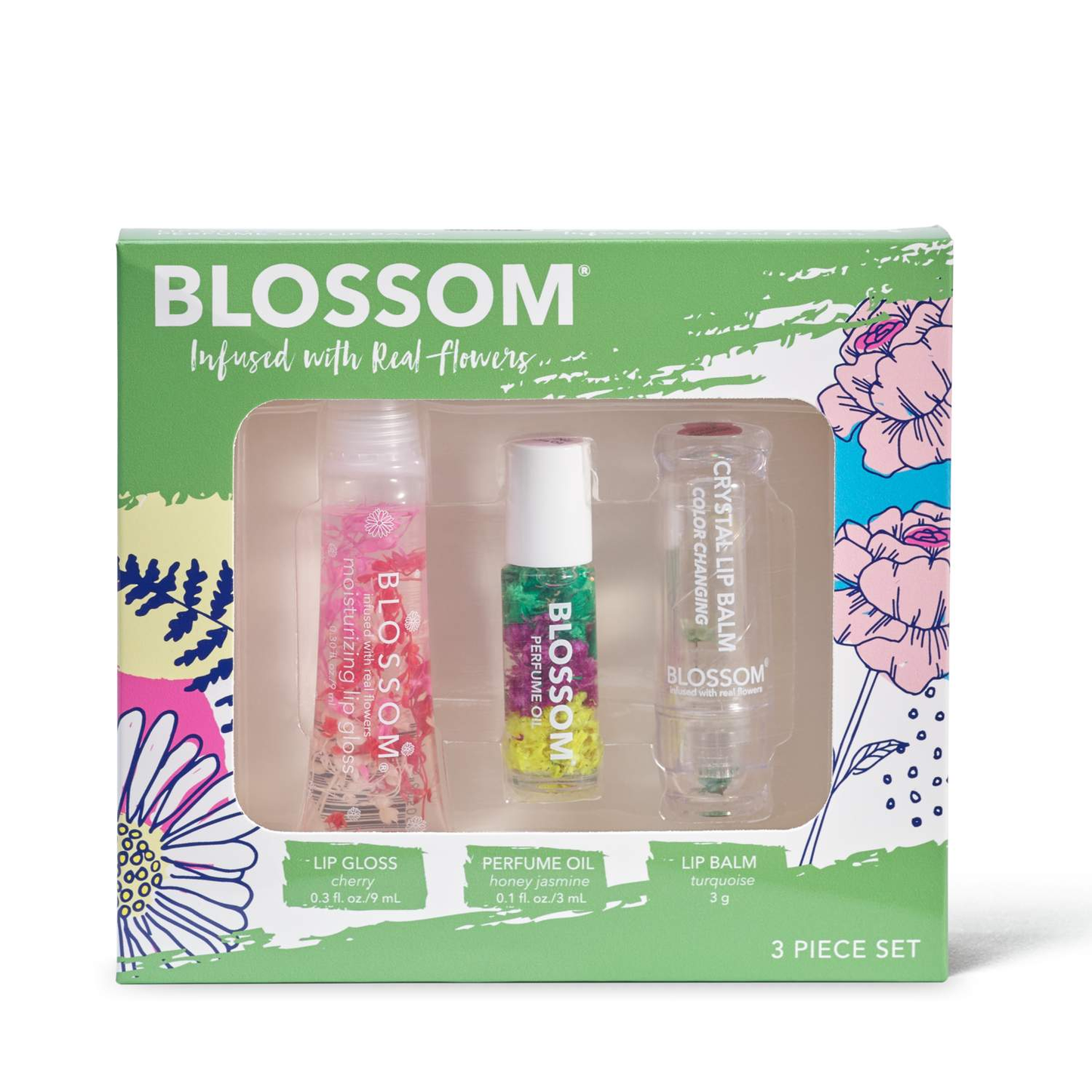 Blossom 3 Piece Set Moisturizing Cherry Lip Gloss, Mini Roll-on Perfume Oil Honey Jasmine, Color-Changing Lip Balm Turquoise-Blossom-Blossom_ Gift Set's,Blossom_ Lip Gloss Tube's,Blossom_ Roll on Lip Gloss's,Brand_Blossom,Collection_Gifts,Gifts_Under 25