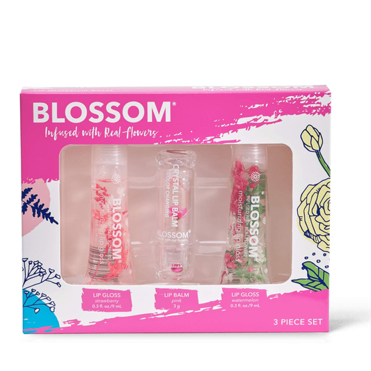 Blossom 3 Piece Set Moisturizing Lip Gloss and Balm Strawberry Pink and Watermelon-Blossom-Blossom_ Gift Set's,Blossom_ Lip Gloss Tube's,Brand_Blossom,Collection_Gifts,Collection_Makeup,Gifts_Under 25,Makeup_Lip,Makeup_Lip Gloss
