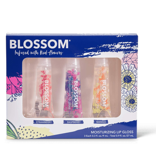 Blossom 3 Piece Set Moisturizing Lip Gloss Tubes Strawberry Raspberry & Mango .3 fl oz each Tube-Blossom-Blossom_ Gift Set's,Blossom_ Lip Gloss Tube's,Brand_Blossom,Collection_Gifts,Collection_Makeup,Gifts_Under 25,Makeup_Lip,Makeup_Lip Gloss