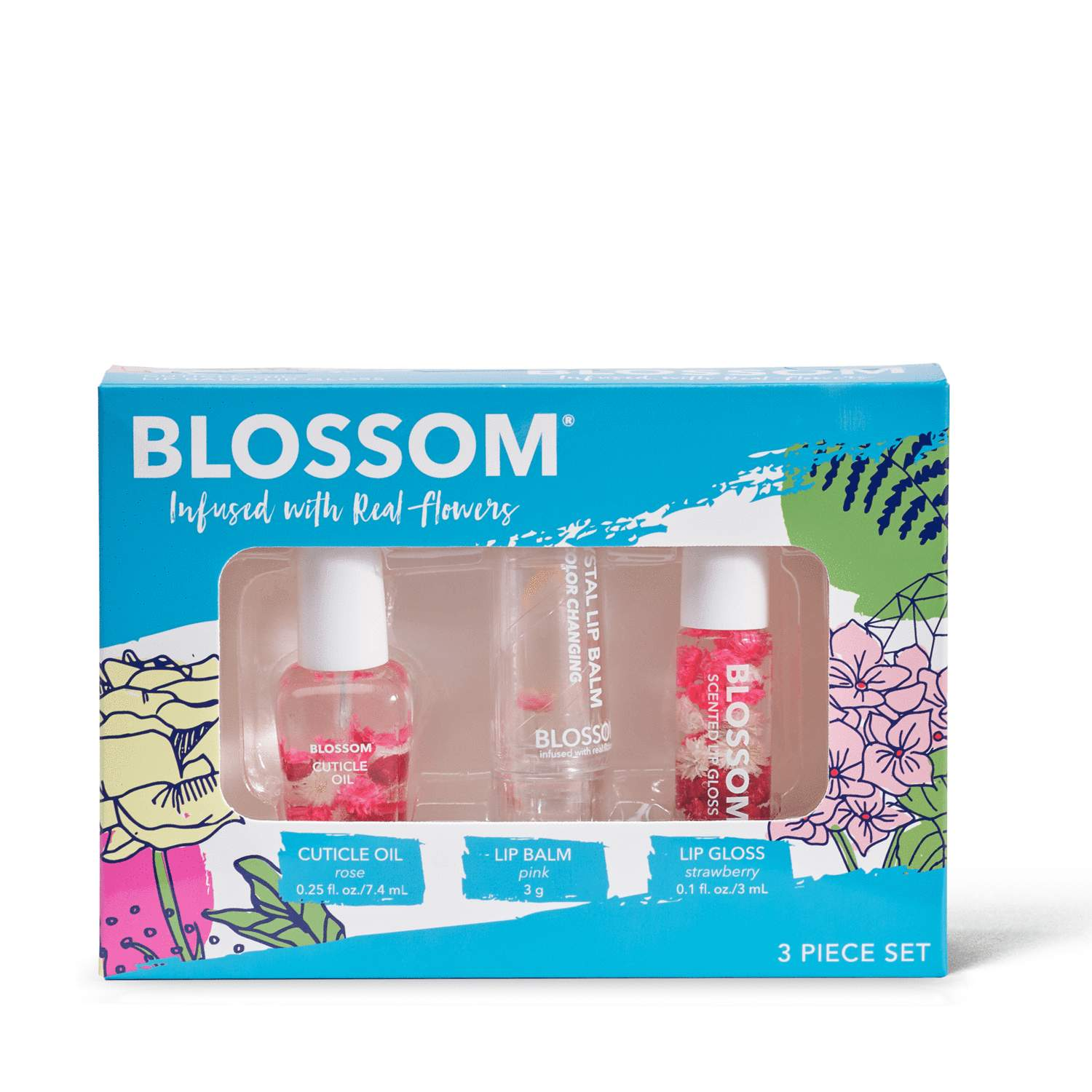Blossom 3 Piece Set Cuticle Oil Rose, Color-Changing Crystal Lip Balm Pink, Mini-Roll-On Lip Gloss Strawberry-Blossom-Blossom_ Color Changing Lip Balm's,Blossom_ Cuticle Oil 's,Blossom_ Gift Set's,Brand_Blossom,Collection_Gifts,Gifts_Under 25