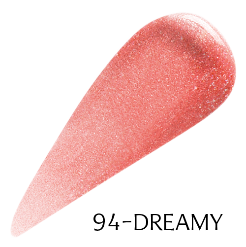 A teardrop-shaped smear of shimmery pink Sorme LipThick Plumping Gloss with Maxi-Lip peptides creates a glossy, metallic finish on a white background, perfect for fuller-looking lips.