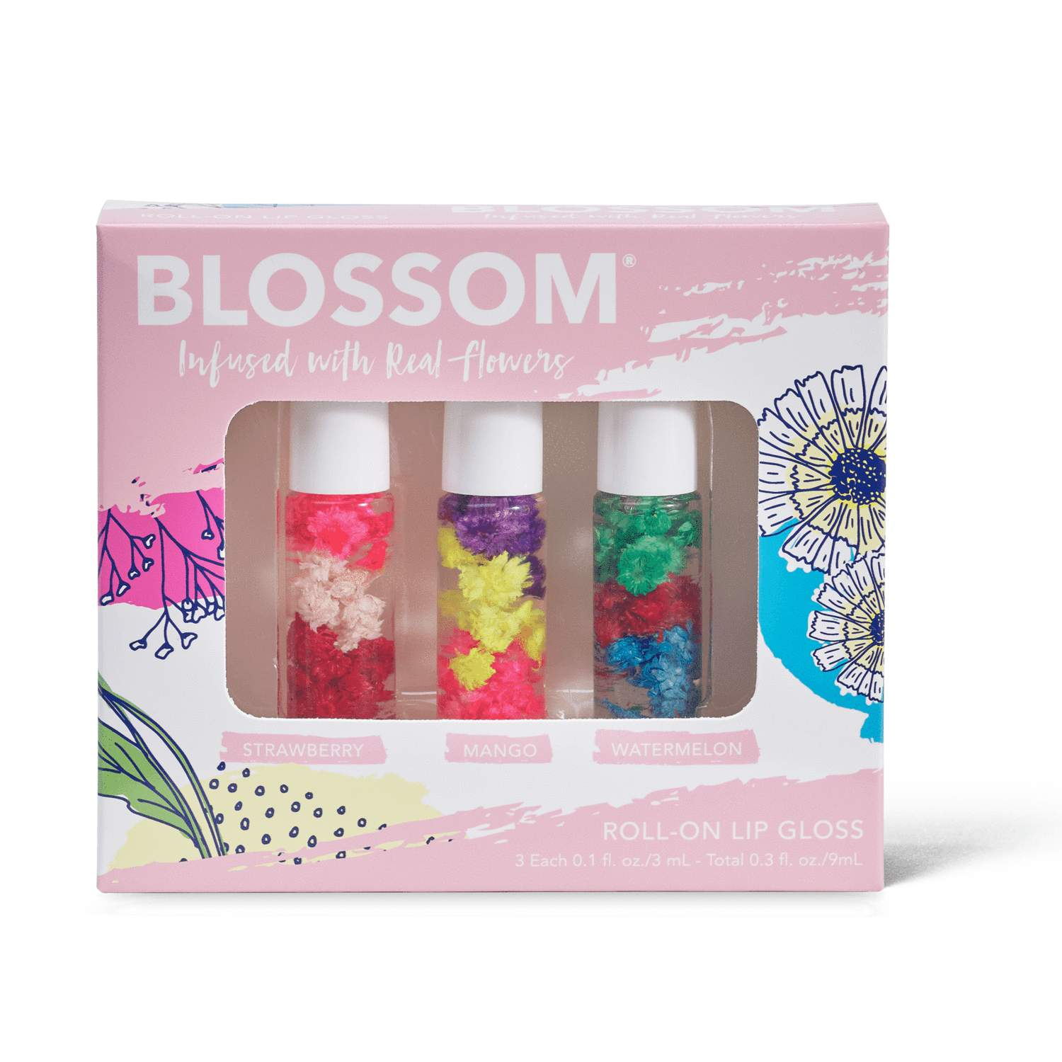 Blossom 3-Piece Set Mini Roll-On Lip Gloss .1 fl oz Each Bottle-Blossom-Blossom_ Gift Set's,Blossom_ Roll on Lip Gloss's,Brand_Blossom,Collection_Gifts,Collection_Makeup,Gifts_Under 25,Makeup_Lip,Makeup_Lip Gloss