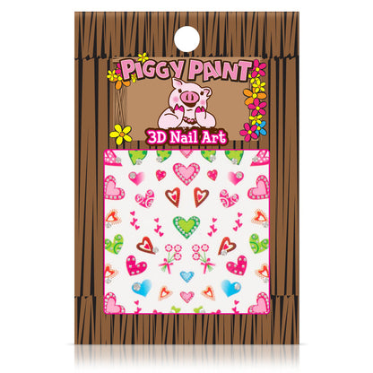 Piggy Paint 3D Nail Art Stickers feature colorful hearts, flowers, and butterflies on a white background, with a cartoon pig and flowers on the brown wood-patterned label.