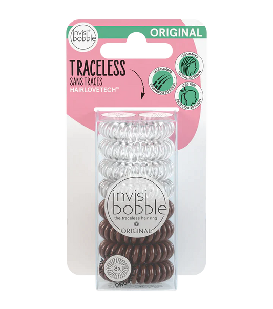 The Invisibobble Original MultiPack 8pc offers traceless spiral hair ties with HAIRLOVETECH for less damage, a strong hold, and non-soaking benefits. Includes eight clear and brown hair rings.