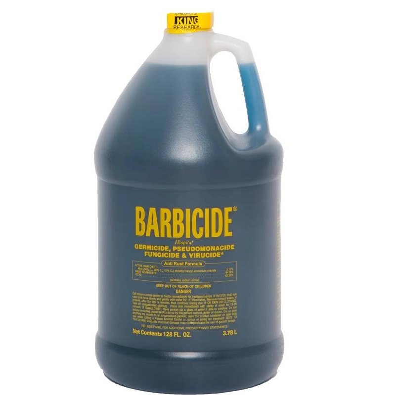 Barbicide disinfectant gallon container with blue liquid designed for effective cleaning and sanitizing