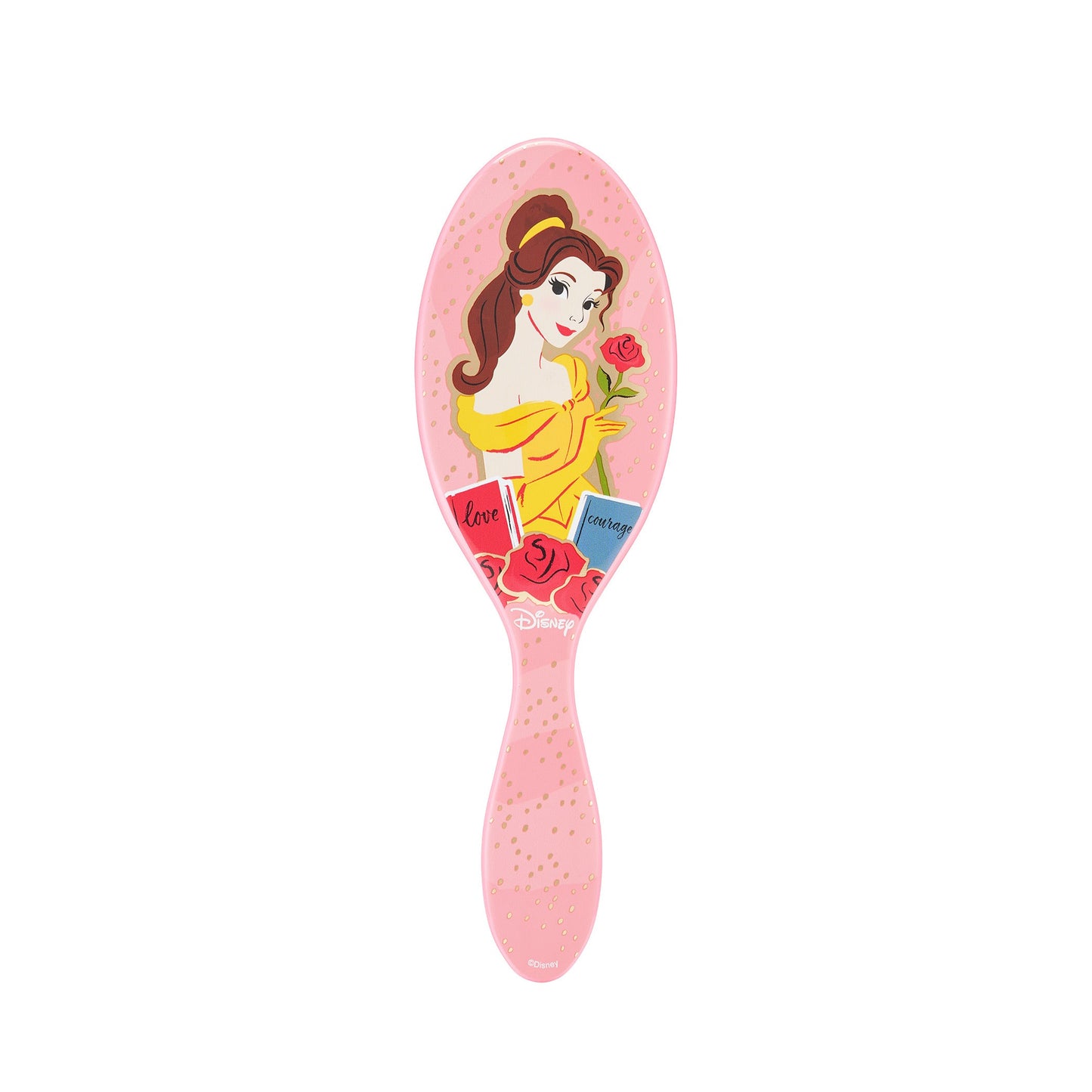 Disney Princess detangler brush featuring Belle with a pink handle and floral design for easy hair management