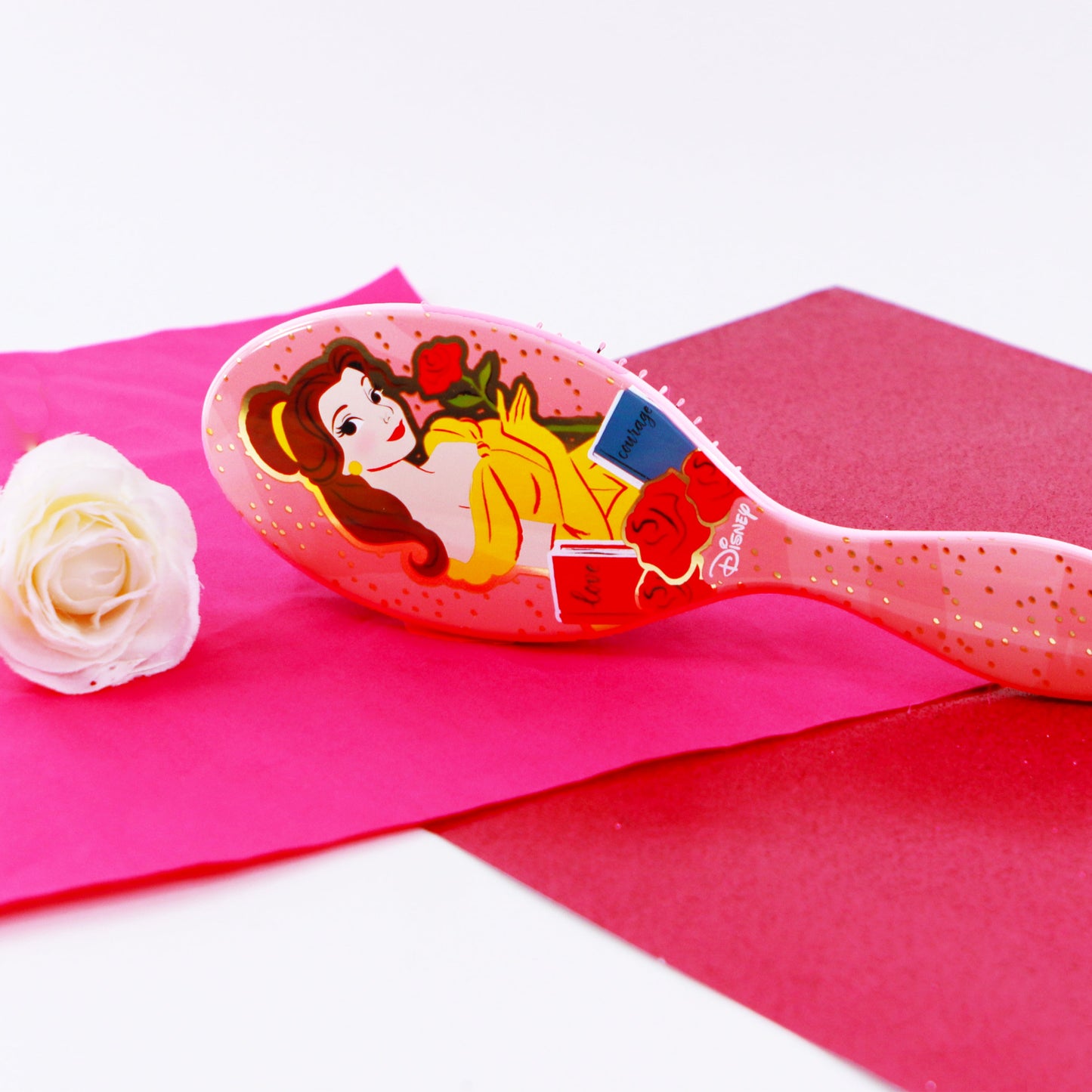 Disney Princess detangler brush featuring Belle with a rose for easy hair styling