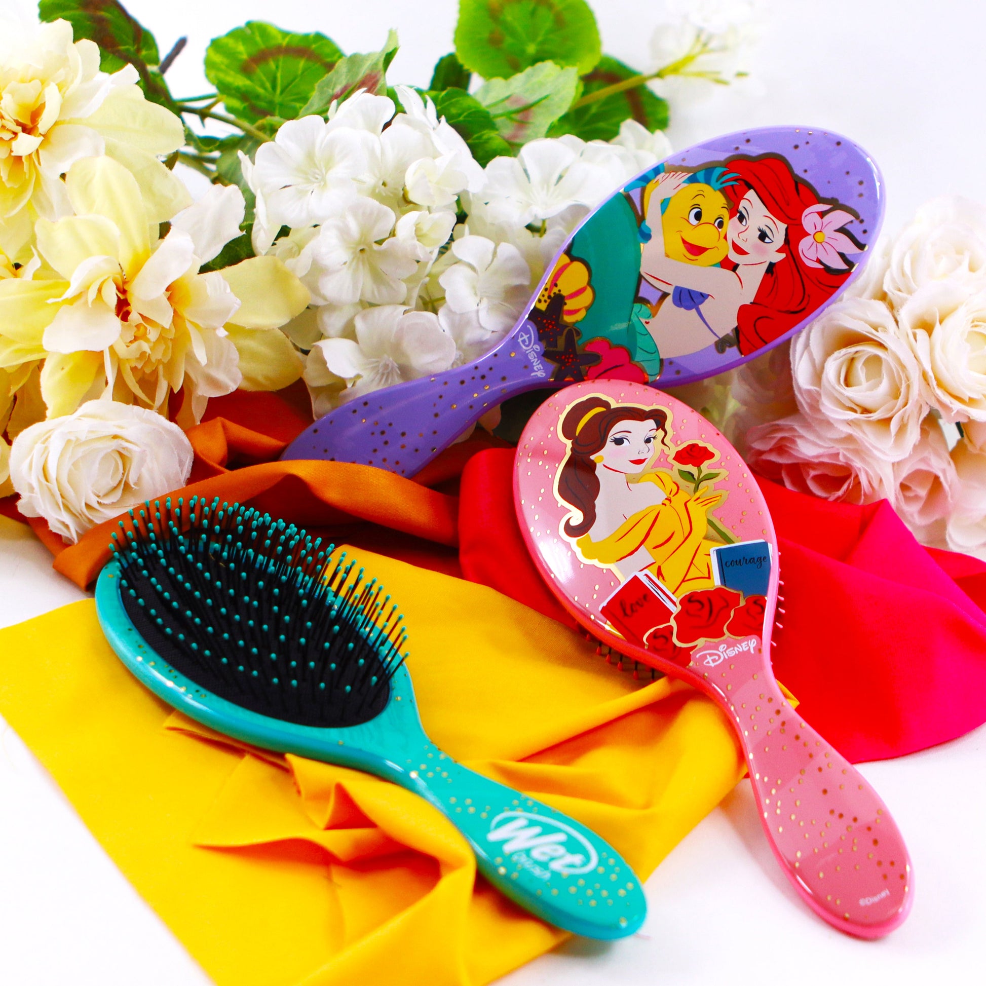 Disney Princess detangler brush set featuring Ariel and Belle designs for easy hair untangling
