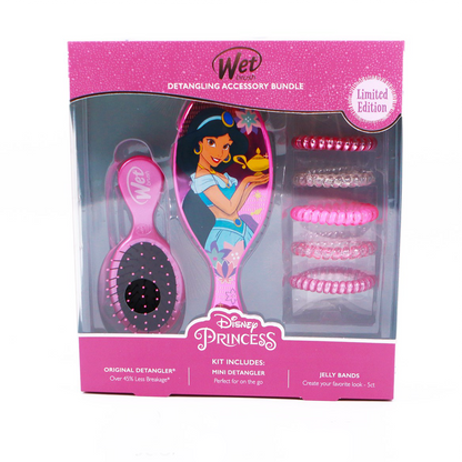 Limited Edition Disney Princess hair brush set with a mini detangler and jelly bands in a colorful package
