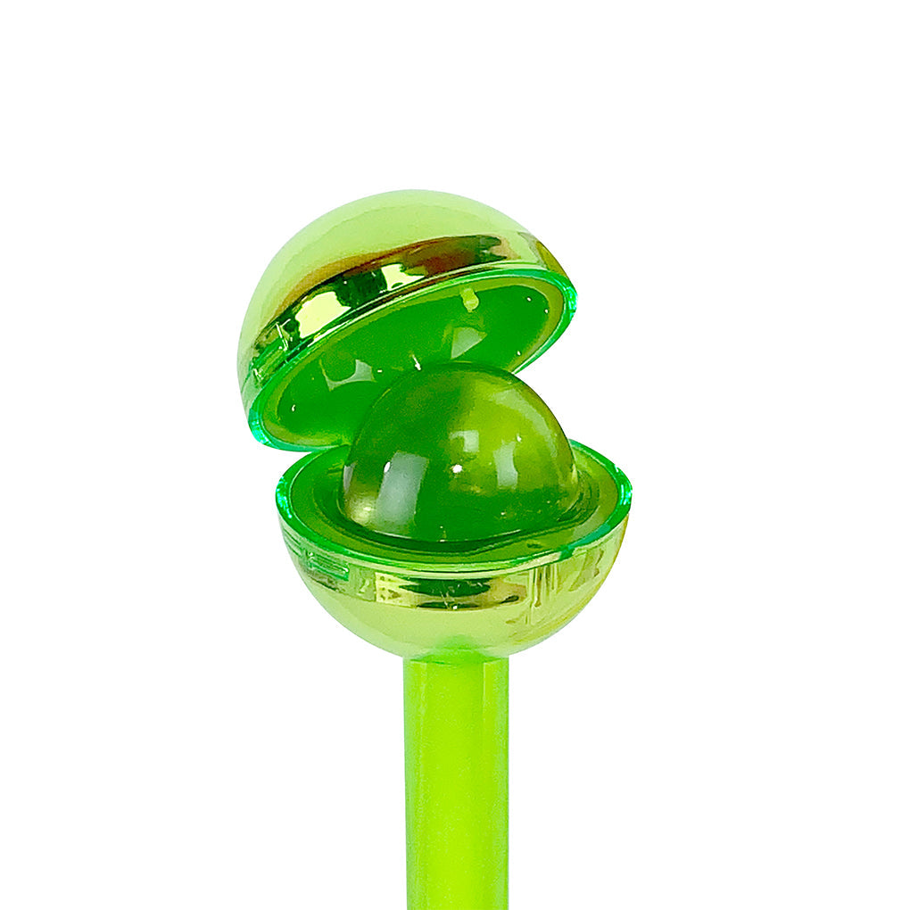 Glossy Pops Cheers lip gloss in vibrant green packaging with a unique ball-shaped applicator