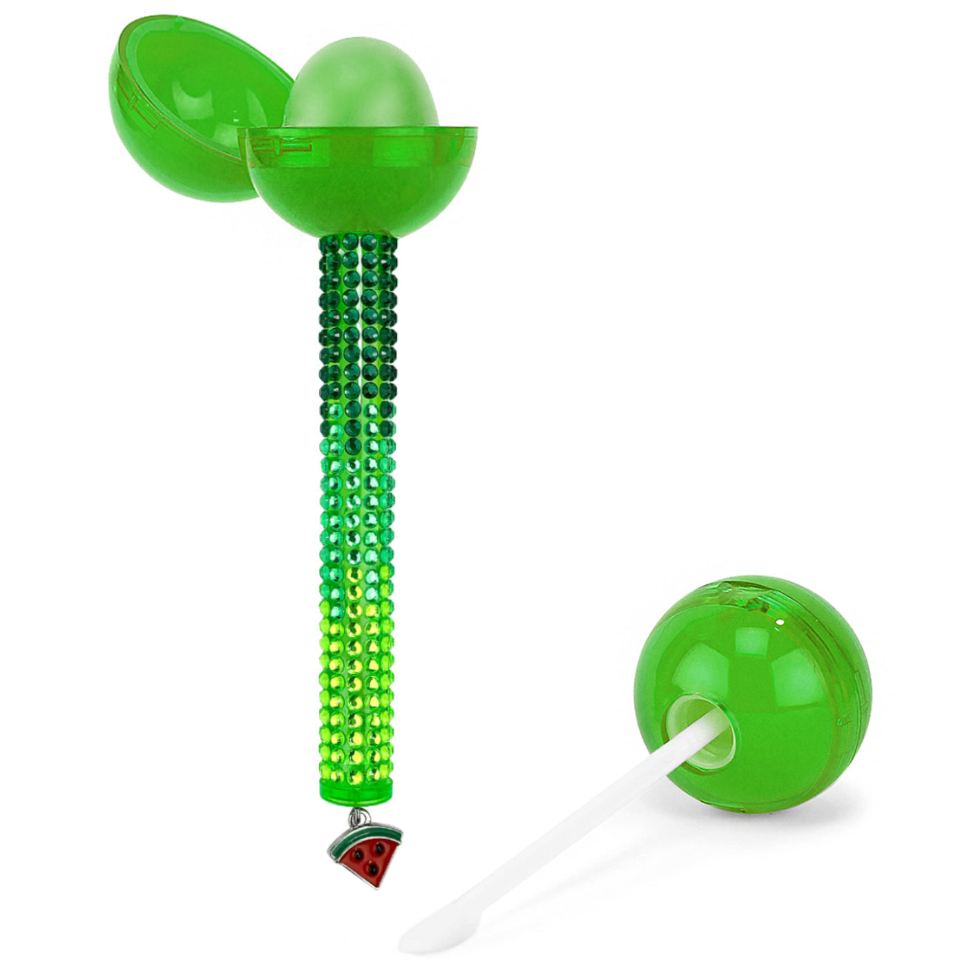 Glossy Pops TGI Fruity lip balm in green container with a playful design and applicator spoon
